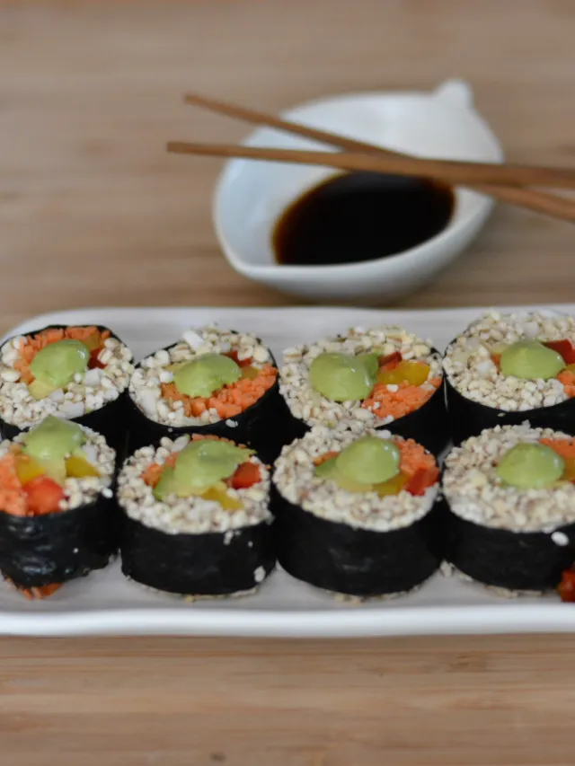 Raw vegan sushi rolls with avocado and vegetables in Bangkok