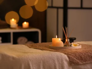 Candlelit spa treatment room at Rasayana Retreat, a Sukhumvit Bangkok wellness retreat offering Thai and Swedish massage