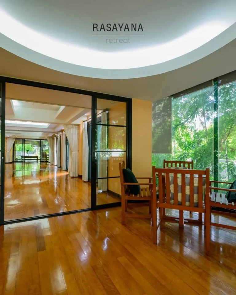Garden-view seating area and studio hall for rent at Rasayana Retreat, Sukhumvit 39, Bangkok