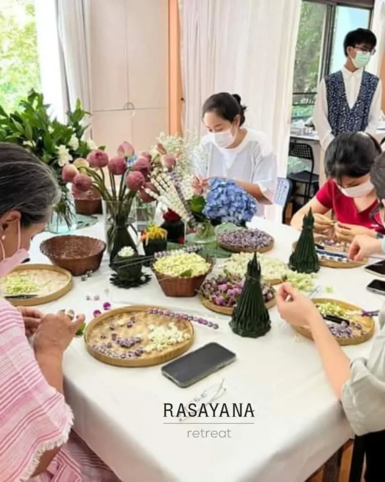 Thai flower garland workshop at Rasayana Retreat event space, Sukhumvit 39, Bangkok